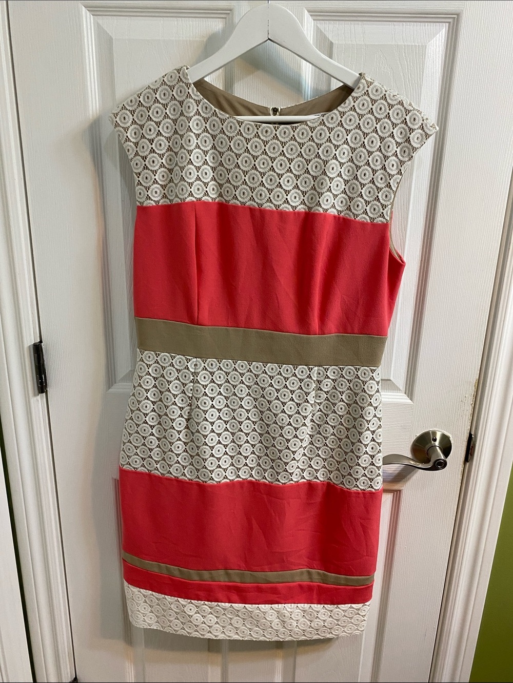 Studio One Cap Sleeve Sheath Stripes Lace Peach Pink High Neck Dress Size 12